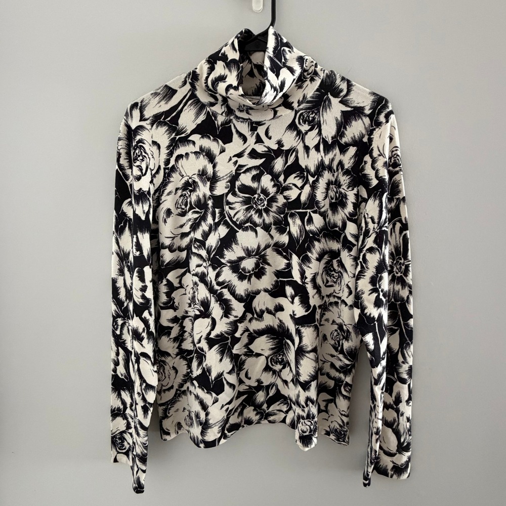 Vintage Talbots Silk Blend Turtleneck Sweater Black Cream Floral Print L Elegant